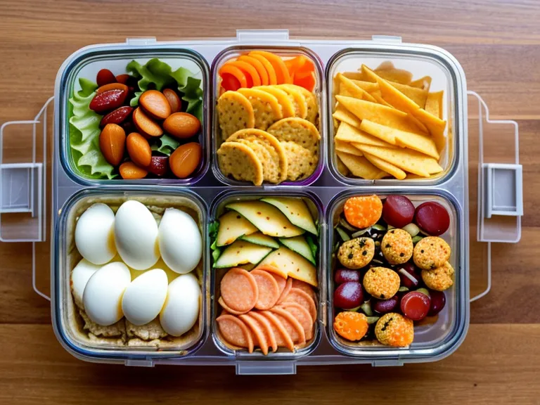 A divided meal prep container with turkey, eggs, nuts, and cheese.