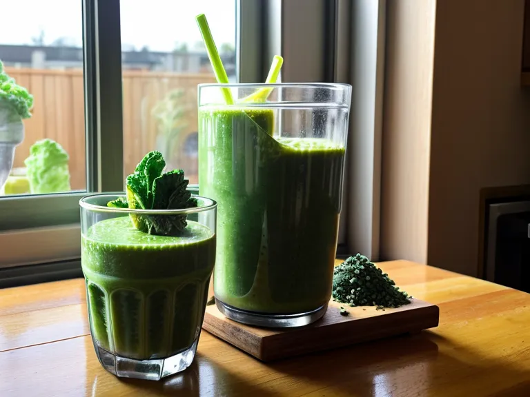 A green smoothie in a kitchen with toys on the floor.