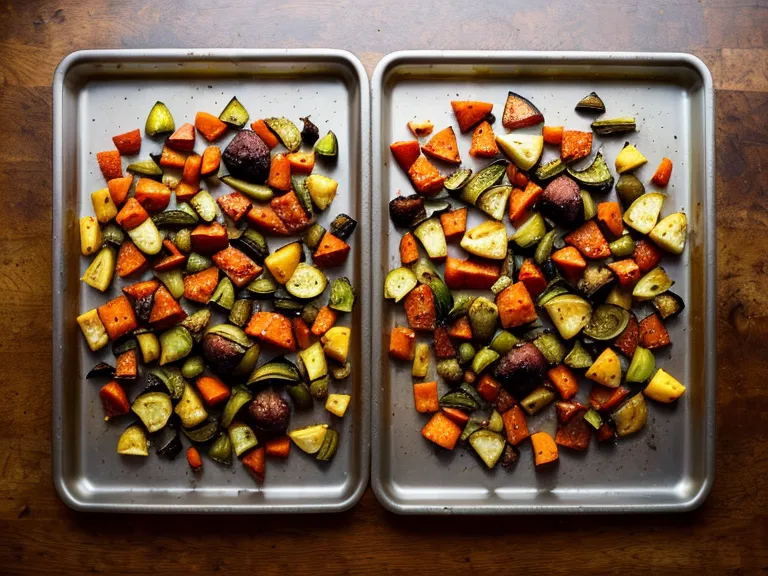 Roasted vegetables on baking sheets fresh from the oven.