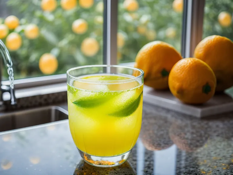 A refreshing citrus drink on a kitchen counter during morning meal prep.